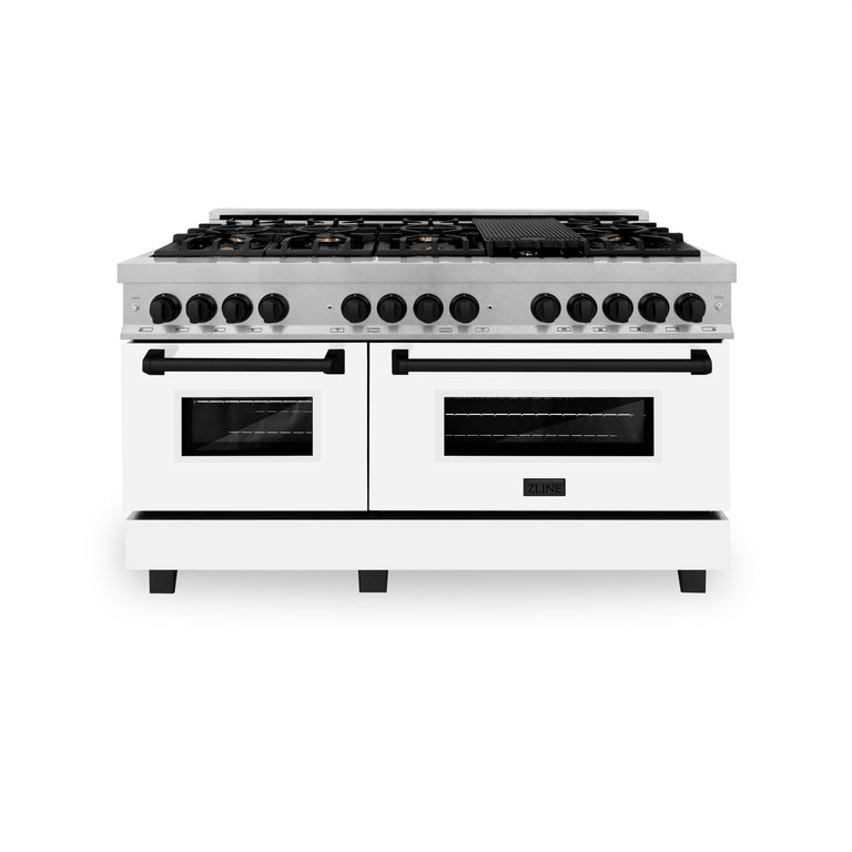 ZLINE 60" Autograph Edition Gas Burner, Electric Oven in DuraSnow® Stainless Steel with White Matte Door and Black Accents, RASZ-WM-60-MB