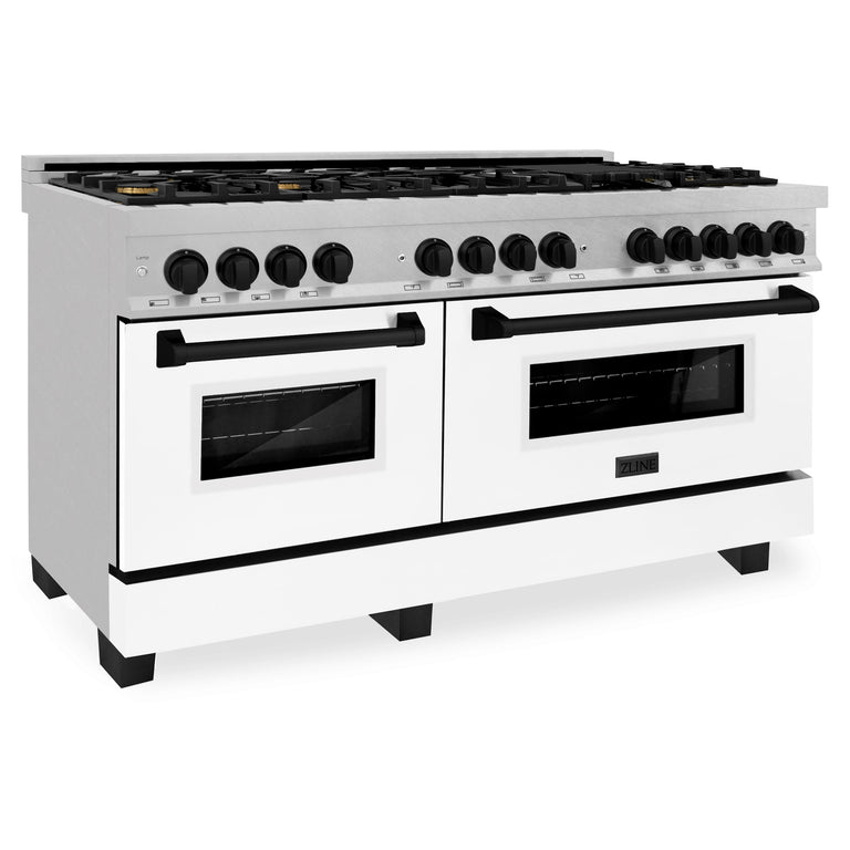 ZLINE 60" Autograph Edition Gas Burner, Electric Oven in DuraSnow® Stainless Steel with White Matte Door and Black Accents, RASZ-WM-60-MB