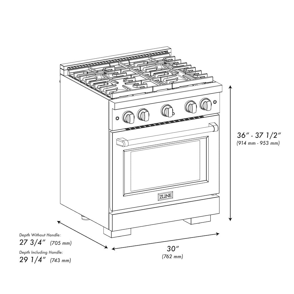 Dimensional diagram of ZLINE professional gas range in stainless steel with black matte finish