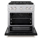 Front view of ZLINE professional gas range in stainless steel with black matte finish