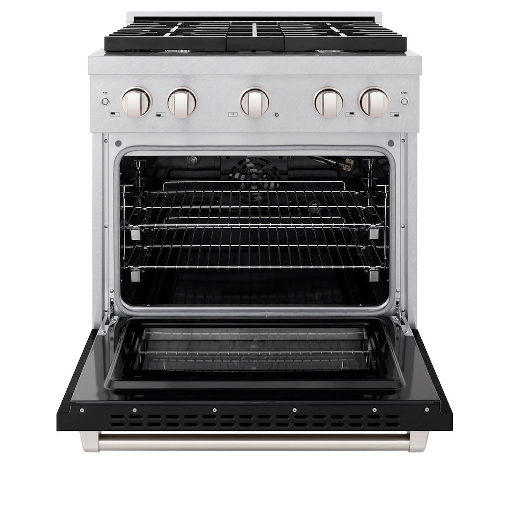 Front view of ZLINE professional gas range in stainless steel with black matte finish