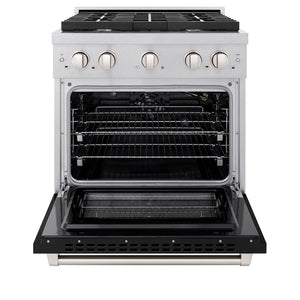 Front view of ZLINE professional gas range in stainless steel with black matte finish