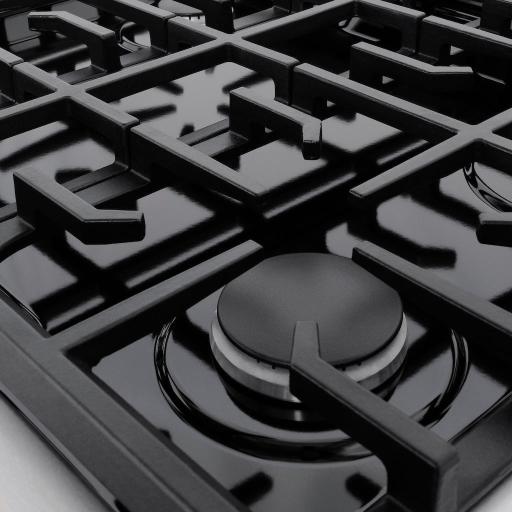 Close-up of grate detail on ZLINE professional gas range in stainless steel with black matte finish