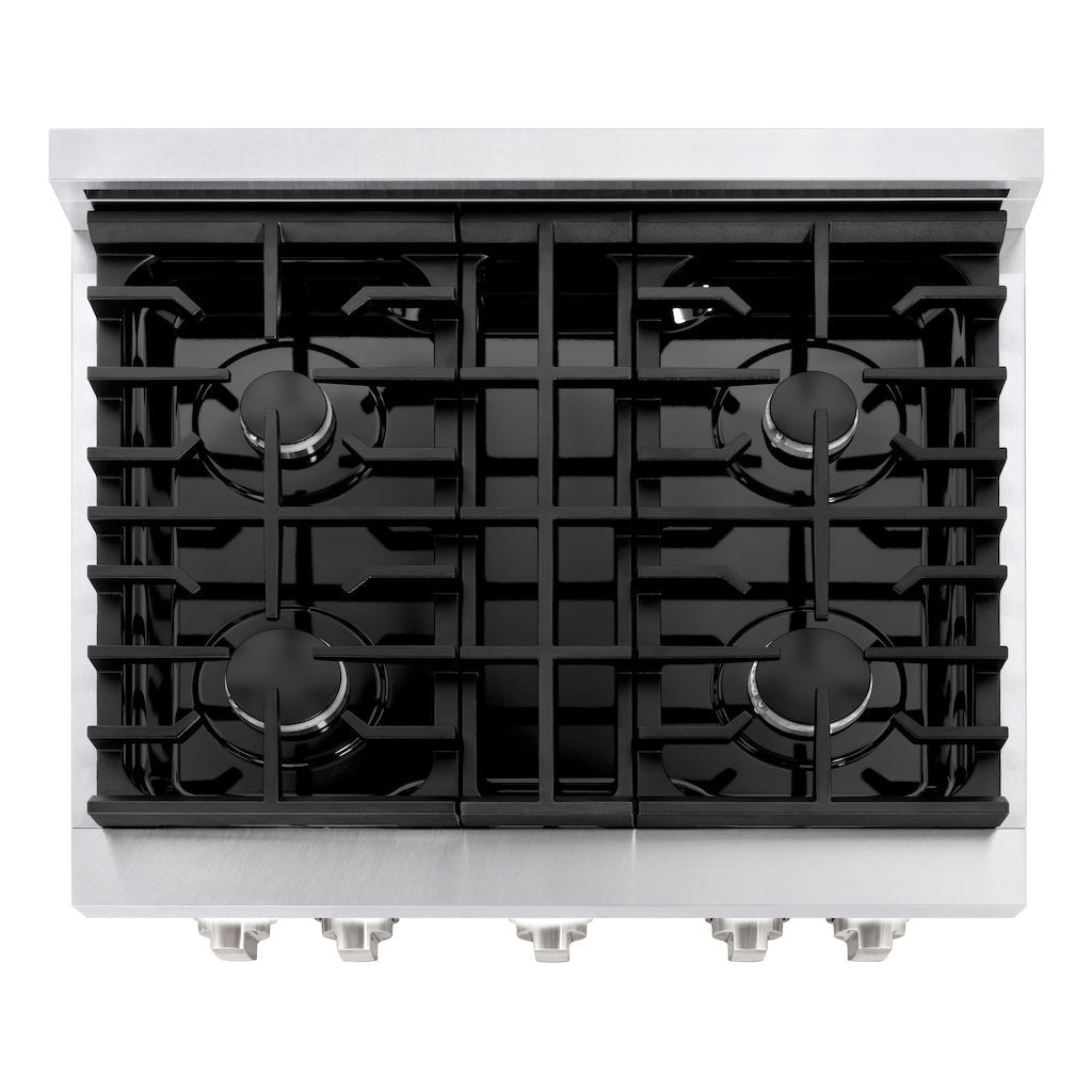 Top view of ZLINE professional gas range in stainless steel with black matte finish