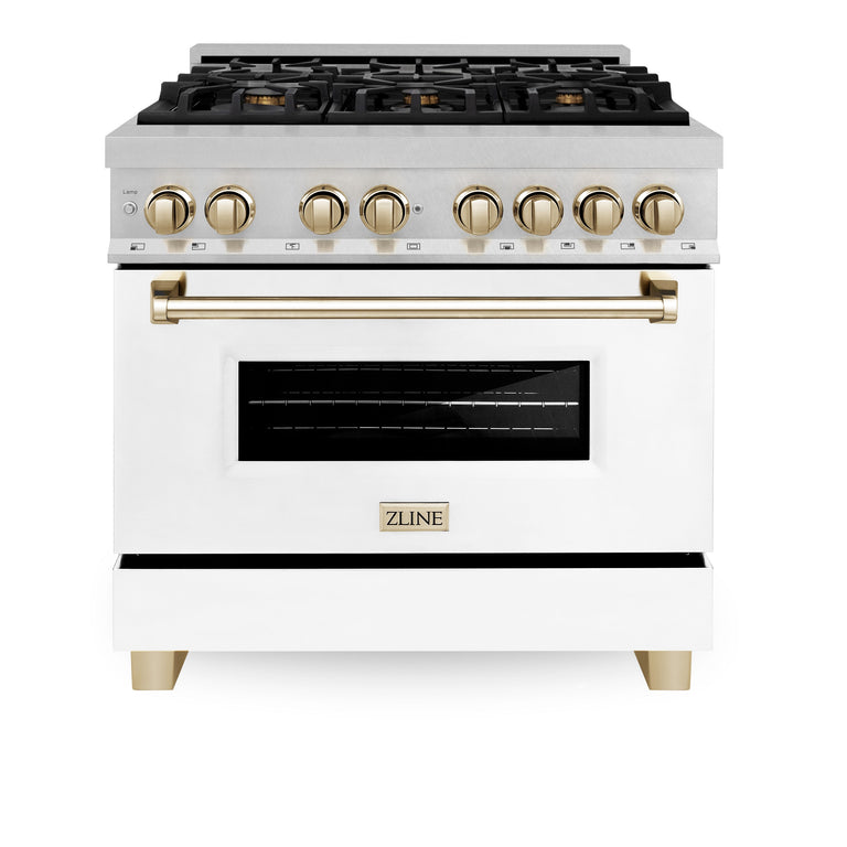 ZLINE Autograph Edition 36 In. Range, Gas Stove and Electric Oven in DuraSnow® Stainless Steel with White Matte Door and Gold Accent, RASZ-WM-36-G