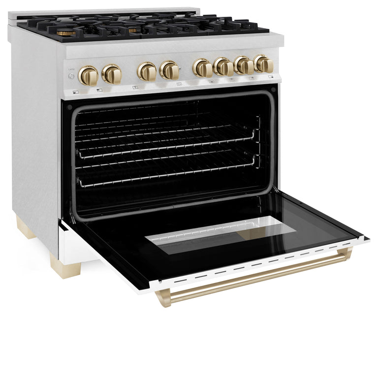 ZLINE Autograph Edition 36 In. Range, Gas Stove and Electric Oven in DuraSnow® Stainless Steel with White Matte Door and Gold Accent, RASZ-WM-36-G