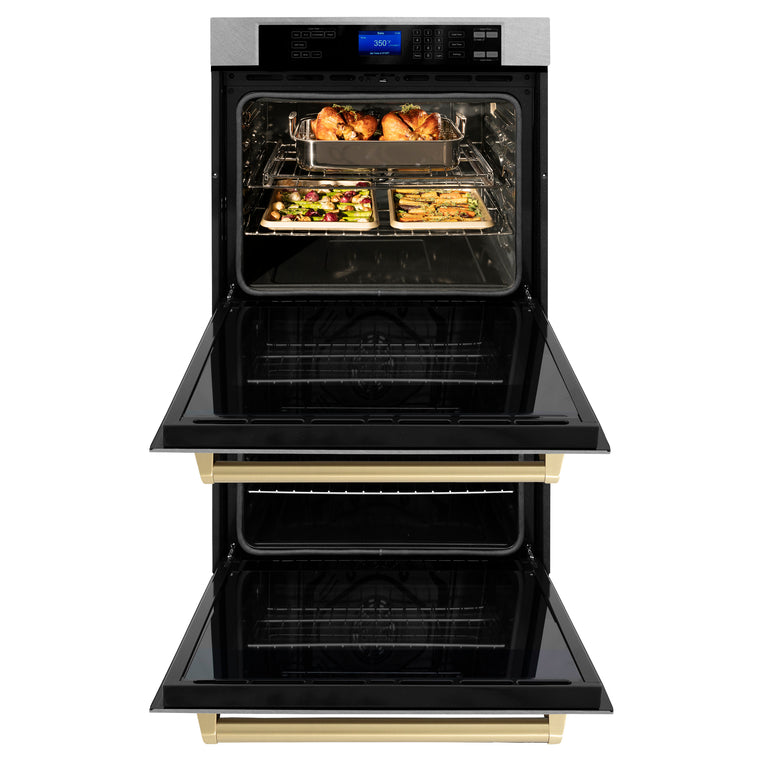 ZLINE 30 In. Autograph Edition Double Wall Oven with Self Clean and True Convection in DuraSnow® Stainless Steel and Champagne Bronze, AWDSZ-30-CB