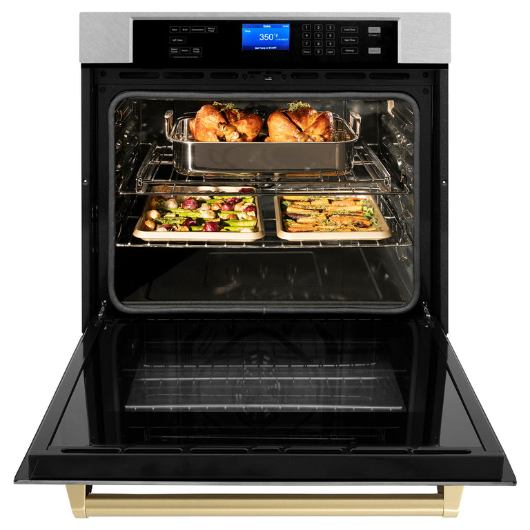 ZLINE 30 In. Autograph Edition Single Wall Oven with Self Clean and True Convection in DuraSnow® Stainless Steel and Champagne Bronze, AWSSZ-30-CB