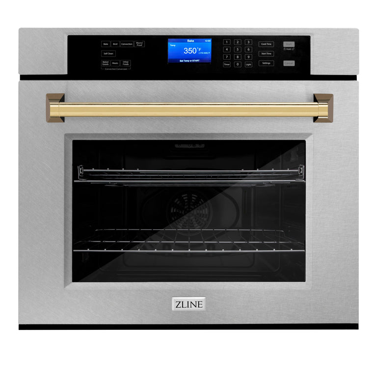 ZLINE 30 In. Autograph Edition Single Wall Oven with Self Clean and True Convection in DuraSnow® Stainless Steel and Gold, AWSSZ-30-G