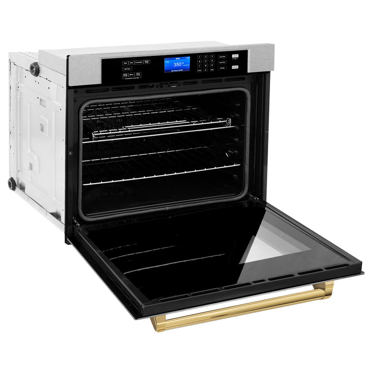 ZLINE 30 In. Autograph Edition Single Wall Oven with Self Clean and True Convection in DuraSnow® Stainless Steel and Gold, AWSSZ-30-G
