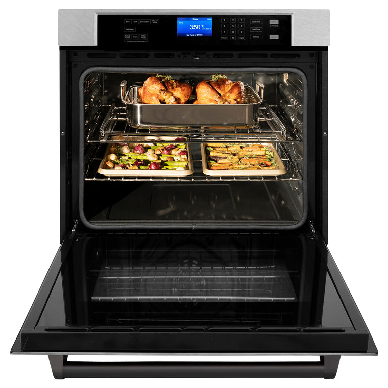 ZLINE 30 In. Autograph Edition Single Wall Oven with Self Clean and True Convection in DuraSnow® Stainless Steel and Matte Black, AWSSZ-30-MB