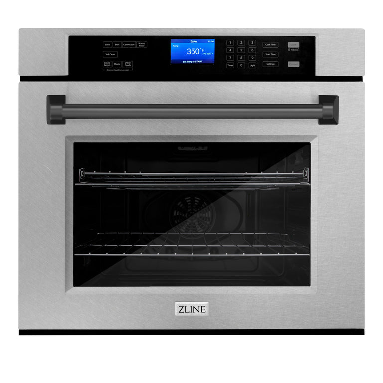 ZLINE 30 In. Autograph Edition Single Wall Oven with Self Clean and True Convection in DuraSnow® Stainless Steel and Matte Black, AWSSZ-30-MB