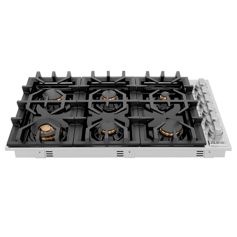 ZLINE 36 in. Dropin Cooktop with 6 Gas Burners and Black Porcelain Top and Brass Burners, RC-BR-36-PBT
