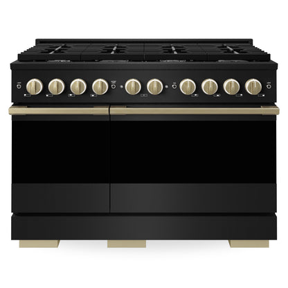 ZLINE Marino Autograph Edition 48-Inch 6.7 cu. ft. Dual Fuel Range, 8 Brass Burners, Double Oven, Convection Oven, Reversible Griddle, Black Stainless Steel with Champagne Bronze Accents, MDRBZ-48-CB
