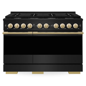 ZLINE Marino Autograph Edition 48-Inch 6.7 cu. ft. Dual Fuel Range, 8 Brass Burners, Double Oven, Convection Oven, Reversible Griddle, Black Stainless Steel with Polished Gold Accents, MDRBZ-48-G