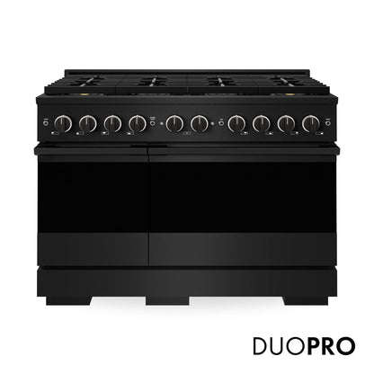 ZLINE Marino 48-Inch 6.7 cu. ft. Dual Fuel Range, 8 Brass Burner DuoPro™ Cooktop, Double Oven, Convection Oven, Reversible Griddle, Black Stainless Steel, PMDRB-48
