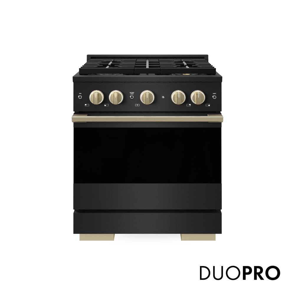 ZLINE Autograph 30 in. 4.2 cu. ft. Marino Dual Fuel Range with 4 Burner DuoPro™ Cooktop and Electric Convection Oven in Black Stainless Steel and Champagne Bronze Accents, PMDRBZ-30-CB - Front Hero View with Logo