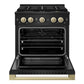 ZLINE Autograph 30 in. 4.2 cu. ft. Marino Dual Fuel Range with 4 Burner DuoPro™ Cooktop and Electric Convection Oven in Black Stainless Steel and Champagne Bronze Accents, PMDRBZ-30-CB - Front View with Oven Door Open