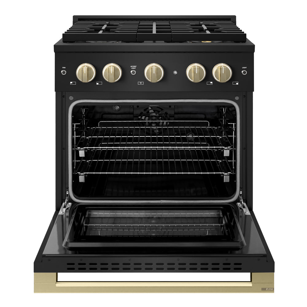 ZLINE Autograph 30 in. 4.2 cu. ft. Marino Dual Fuel Range with 4 Burner DuoPro™ Cooktop and Electric Convection Oven in Black Stainless Steel and Champagne Bronze Accents, PMDRBZ-30-CB - Front View with Oven Door Open