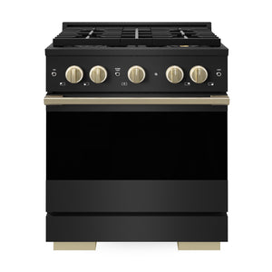 ZLINE Autograph 30 in. 4.2 cu. ft. Marino Dual Fuel Range with 4 Burner DuoPro™ Cooktop and Electric Convection Oven in Black Stainless Steel and Champagne Bronze Accents, PMDRBZ-30-CB - Front View
