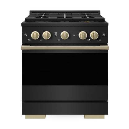 ZLINE Autograph 30 in. 4.2 cu. ft. Marino Dual Fuel Range with 4 Burner DuoPro™ Cooktop and Electric Convection Oven in Black Stainless Steel and Champagne Bronze Accents, PMDRBZ-30-CB - Front View