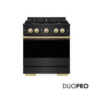 ZLINE Marino Autograph Edition 30-Inch 4.2 cu. ft. Dual Fuel Range, 4 Brass Burner DuoPro™ Cooktop, Convection Oven, Black Stainless Steel with Polished Gold Accents, PMDRBZ-30-G