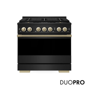 ZLINE Autograph 36 in. 5.2 cu. ft. Marino Dual Fuel Range with 6 Burner DuoPro™ Cooktop and Electric Convection Oven in Black Stainless Steel and Champagne Bronze Accents, PMDRBZ-36-CB - Front Hero View with Logo
