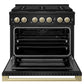 ZLINE Autograph 36 in. 5.2 cu. ft. Marino Dual Fuel Range with 6 Burner DuoPro™ Cooktop and Electric Convection Oven in Black Stainless Steel and Champagne Bronze Accents, PMDRBZ-36-CB - Front View with Oven Door Open