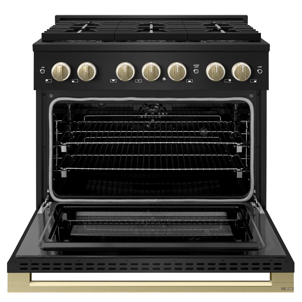 ZLINE Autograph 36 in. 5.2 cu. ft. Marino Dual Fuel Range with 6 Burner DuoPro™ Cooktop and Electric Convection Oven in Black Stainless Steel and Champagne Bronze Accents, PMDRBZ-36-CB - Front View with Oven Door Open