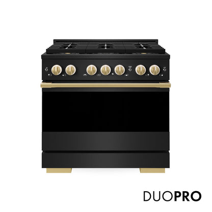 ZLINE Marino Autograph Edition 36-Inch 5.2 cu. ft. Dual Fuel Range, 6 Brass Burner DuoPro™ Cooktop, Convection Oven, Black Stainless Steel with Polished Gold Accents, PMDRBZ-36-G