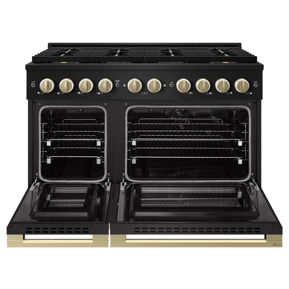 ZLINE Autograph 48 in. 6.7 cu. ft. Marino Dual Fuel Range with 8 Burner DuoPro™ Cooktop and Dual Ovens in Black Stainless Steel and Champagne Bronze Accents, PMDRBZ-48-CB - Front View with Oven Door Open