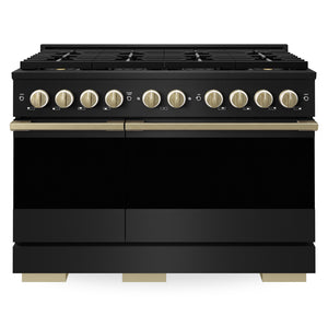 ZLINE Autograph 48 in. 6.7 cu. ft. Marino Dual Fuel Range with 8 Burner DuoPro™ Cooktop and Dual Ovens in Black Stainless Steel and Champagne Bronze Accents, PMDRBZ-48-CB - Front View