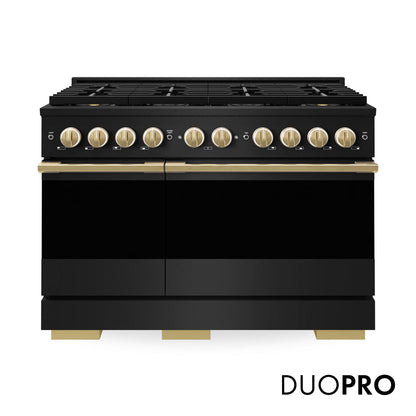 ZLINE Marino Autograph Edition 48-Inch 6.7 cu. ft. Dual Fuel Range, 8 Brass Burner DuoPro™ Cooktop, Double Oven, Convection Oven, Reversible Griddle, Black Stainless Steel with Polished Gold Accents, PMDRBZ-48-G
