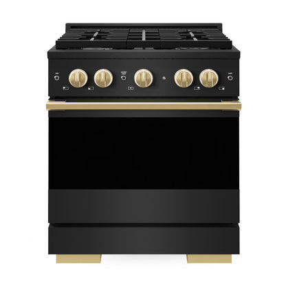 ZLINE Marino Autograph Edition 30-Inch 4.2 cu. ft. Gas Range, 4 Brass Burners, Convection Oven, Black Stainless Steel with Polished Gold Accents, MGRBZ-30-G