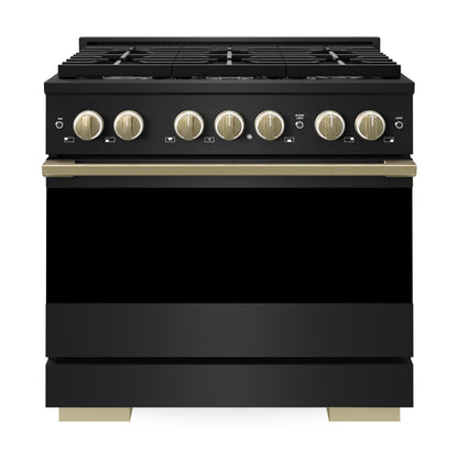 ZLINE Marino Autograph Edition 36-Inch 5.2 cu. ft. Gas Range, 6 Brass Burners, Convection Oven, Black Stainless Steel with Champagne Bronze Accents, MGRBZ-36-CB