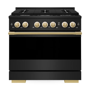 ZLINE Marino Autograph Edition 36-Inch 5.2 cu. ft. Gas Range, 6 Brass Burners, Convection Oven, Black Stainless Steel with Polished Gold Accents, MGRBZ-36-G