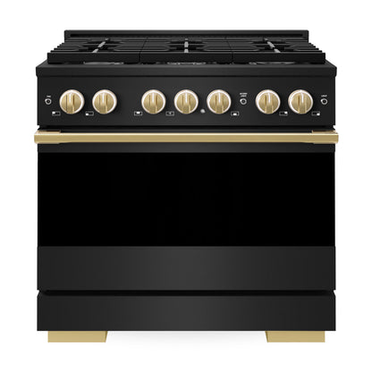 ZLINE Marino Autograph Edition 36-Inch 5.2 cu. ft. Gas Range, 6 Brass Burners, Convection Oven, Black Stainless Steel with Polished Gold Accents, MGRBZ-36-G
