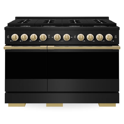 ZLINE Marino Autograph Edition 48-Inch 6.7 cu. ft. Gas Range, 8 Brass Burners, Double Oven, Convection Oven, Reversible Griddle, Black Stainless Steel with Polished Gold Accents, MGRBZ-48-G