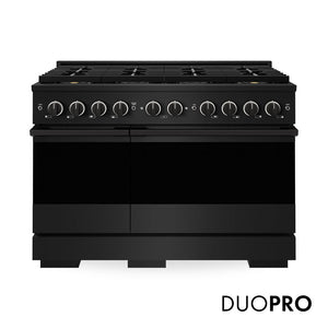 ZLINE Marino 48-Inch 6.7 cu. ft. Gas Range, 8 Brass Burner DuoPro™ Cooktop, Double Oven, Convection Oven, Reversible Griddle, Black Stainless Steel, PMGRB-48