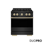 ZLINE Autograph 30 in. 4.2 cu. ft. Marino Gas Range with 4 Burner DuoPro™ Cooktop and Gas Oven in Black Stainless Steel and Champagne Bronze Accents, PMGRBZ-30-CB - Front Hero View with Logo