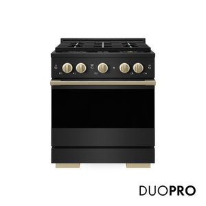 ZLINE Autograph 30 in. 4.2 cu. ft. Marino Gas Range with 4 Burner DuoPro™ Cooktop and Gas Oven in Black Stainless Steel and Champagne Bronze Accents, PMGRBZ-30-CB - Front Hero View with Logo