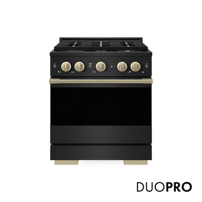ZLINE Autograph 30 in. 4.2 cu. ft. Marino Gas Range with 4 Burner DuoPro™ Cooktop and Gas Oven in Black Stainless Steel and Champagne Bronze Accents, PMGRBZ-30-CB - Front Hero View with Logo