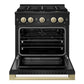 ZLINE Autograph 30 in. 4.2 cu. ft. Marino Gas Range with 4 Burner DuoPro™ Cooktop and Gas Oven in Black Stainless Steel and Champagne Bronze Accents, PMGRBZ-30-CB - Front View with Oven Door Open