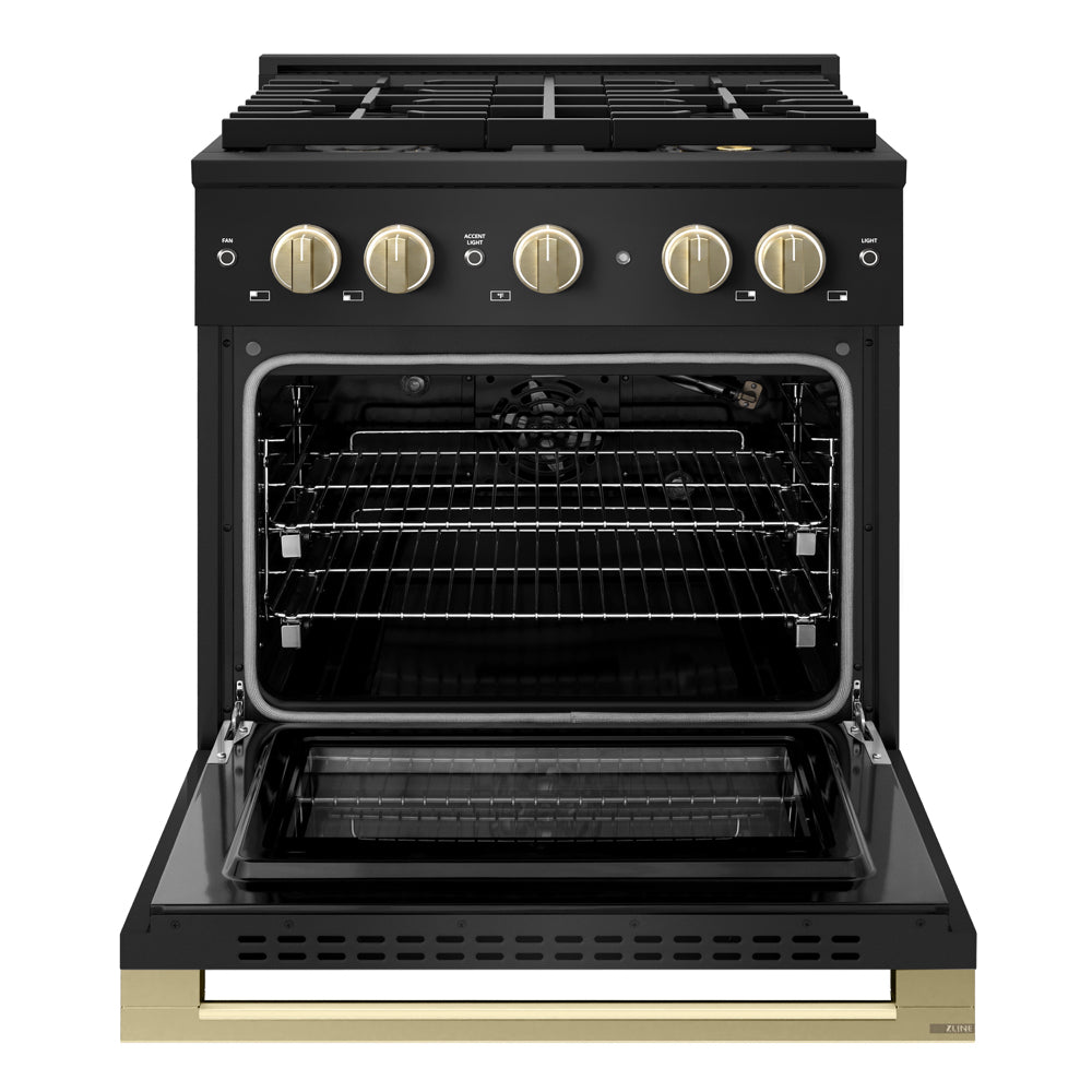 ZLINE Autograph 30 in. 4.2 cu. ft. Marino Gas Range with 4 Burner DuoPro™ Cooktop and Gas Oven in Black Stainless Steel and Champagne Bronze Accents, PMGRBZ-30-CB - Front View with Oven Door Open