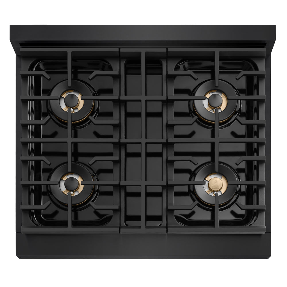 ZLINE Autograph 30 in. 4.2 cu. ft. Marino Gas Range with 4 Burner DuoPro™ Cooktop and Gas Oven in Black Stainless Steel and Champagne Bronze Accents, PMGRBZ-30-CB - Top-Down View