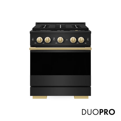 ZLINE Marino Autograph Edition 30-Inch 4.2 cu. ft. Gas Range, 4 Brass Burner DuoPro™ Cooktop, Convection Oven, Black Stainless Steel with Polished Gold Accents, PMGRBZ-30-G