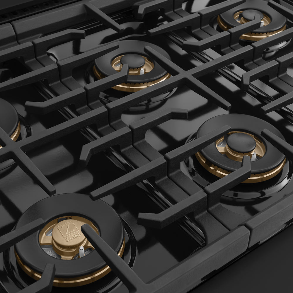 ZLINE Autograph 36 in. 5.2 cu. ft. Marino Gas Range with 6 Burner DuoPro™ Cooktop and Gas Oven in Black Stainless Steel and Champagne Bronze Accents, PMGRBZ-36-CB - Grates Detail