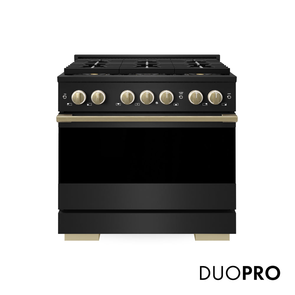 ZLINE Autograph 36 in. 5.2 cu. ft. Marino Gas Range with 6 Burner DuoPro™ Cooktop and Gas Oven in Black Stainless Steel and Champagne Bronze Accents, PMGRBZ-36-CB - Front Hero View with Logo