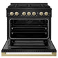 ZLINE Autograph 36 in. 5.2 cu. ft. Marino Gas Range with 6 Burner DuoPro™ Cooktop and Gas Oven in Black Stainless Steel and Champagne Bronze Accents, PMGRBZ-36-CB - Front View with Oven Door Open