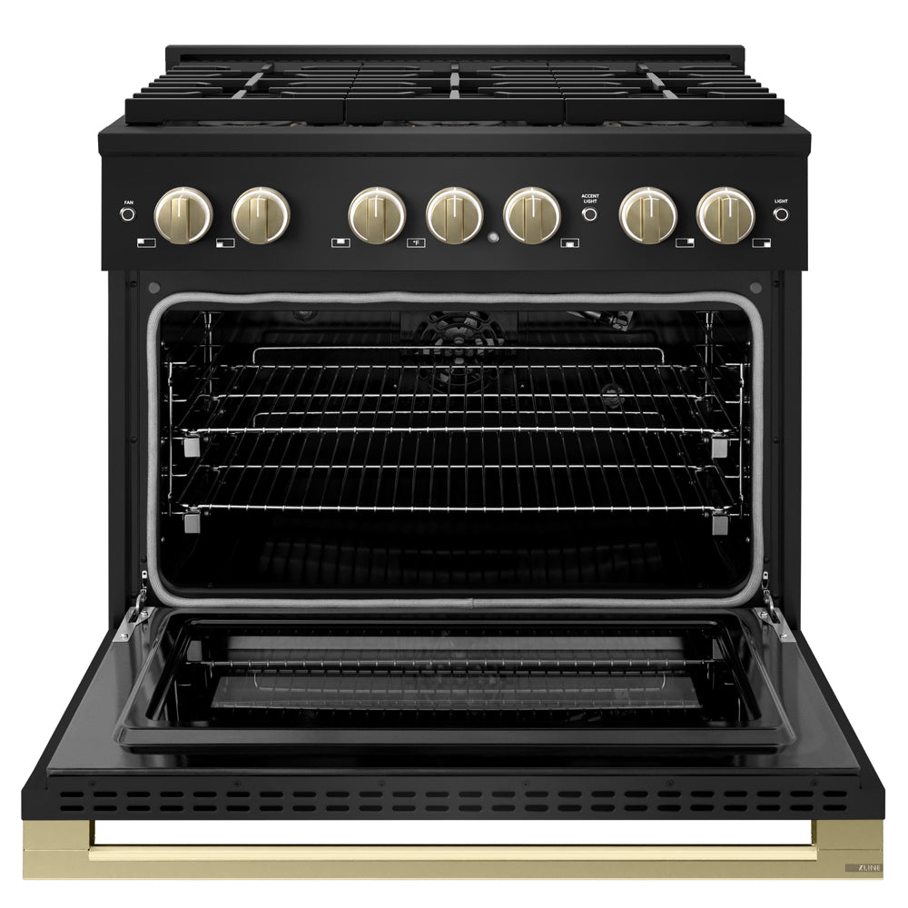 ZLINE Autograph 36 in. 5.2 cu. ft. Marino Gas Range with 6 Burner DuoPro™ Cooktop and Gas Oven in Black Stainless Steel and Champagne Bronze Accents, PMGRBZ-36-CB - Front View with Oven Door Open